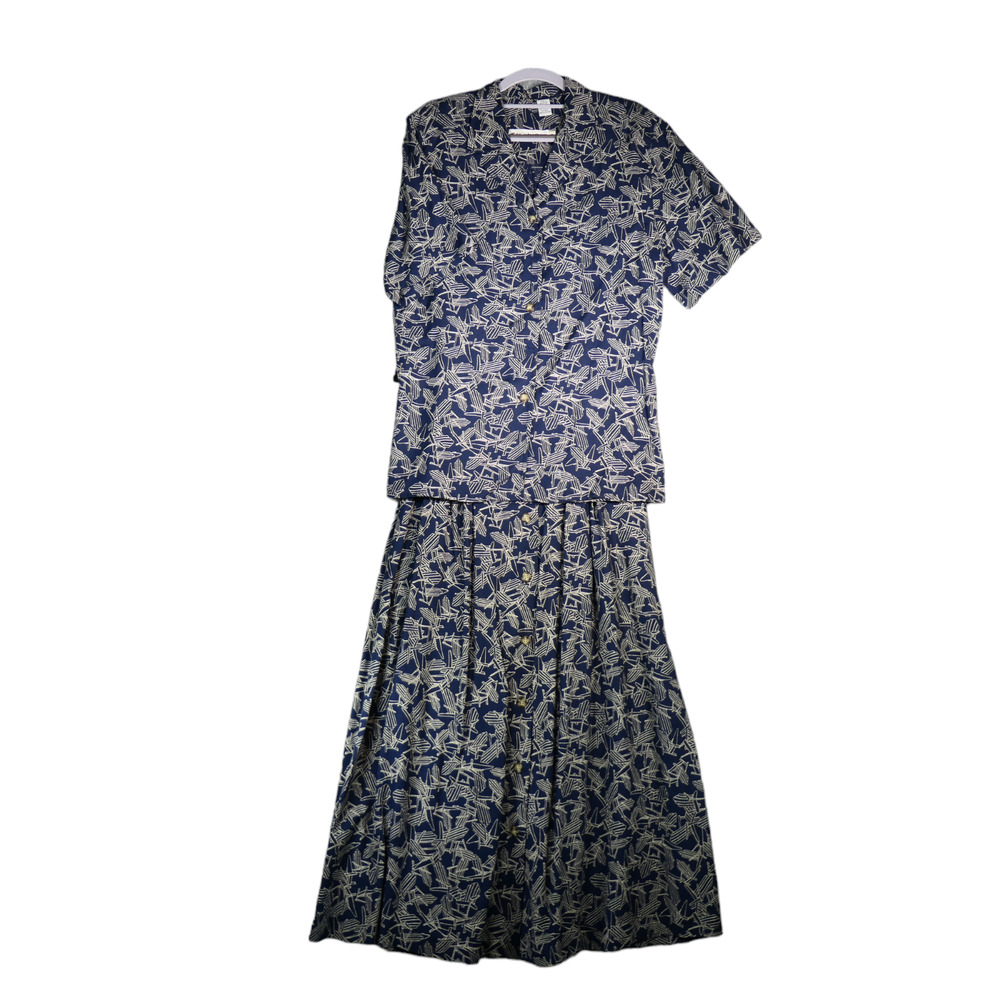 Vintage JH Collectibles Outfit Womens 8 Blue Lawn Chair Maxi Skirt Shirt Linen